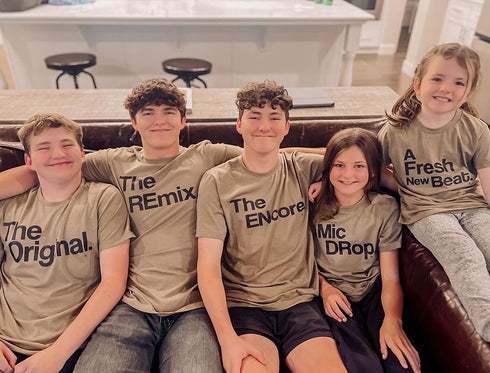 Brother and sister matching in olive original remix shirts